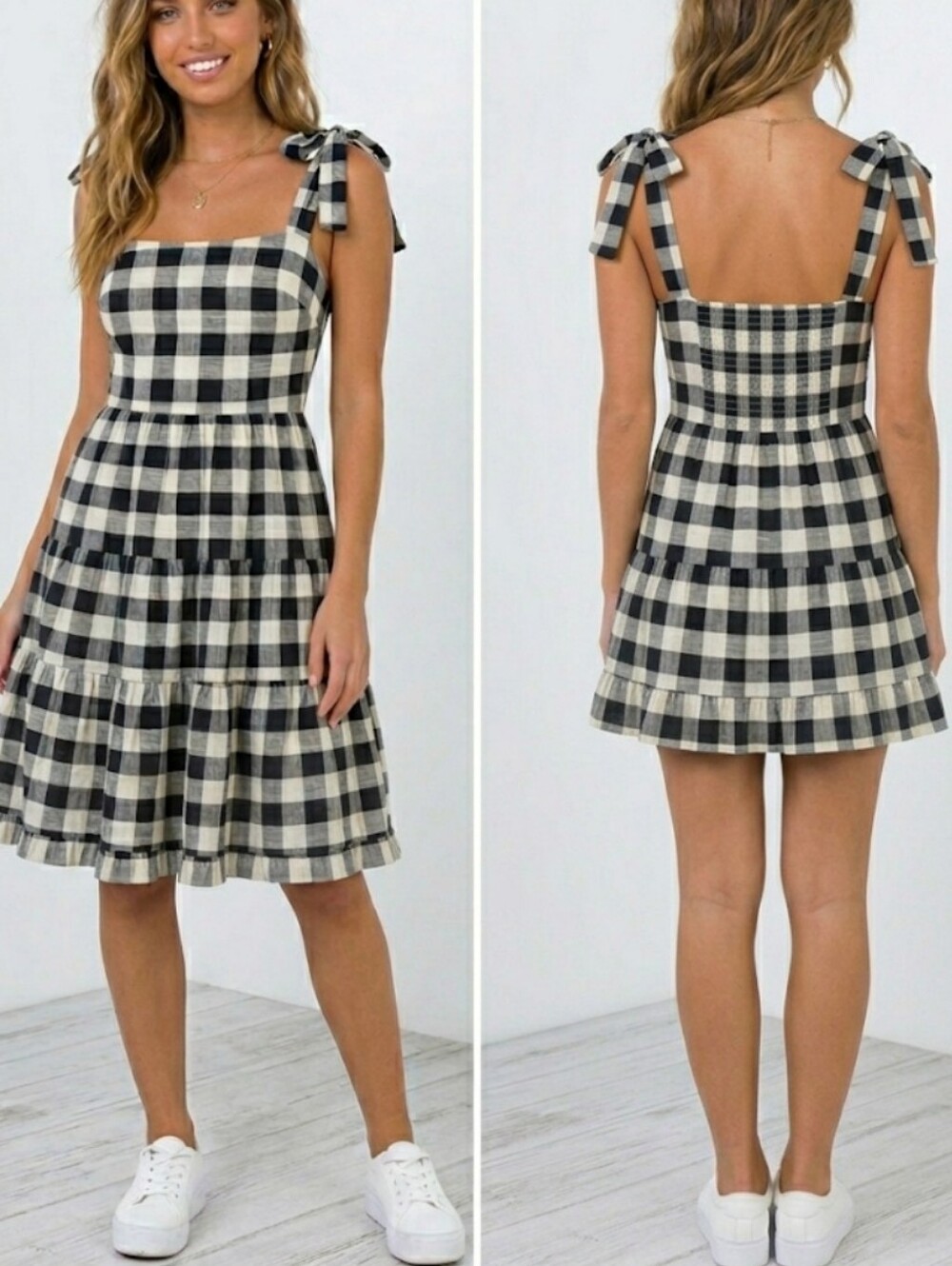 Princess Polly Black White Gingham Tie Strap Sundress Tiered Midi Dress Size 6